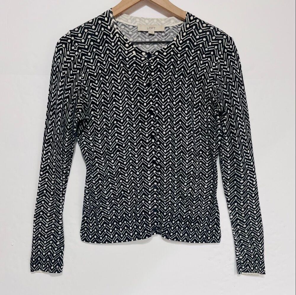 LOFT Black And White Zig Zag Pattern Cardigan Size S
